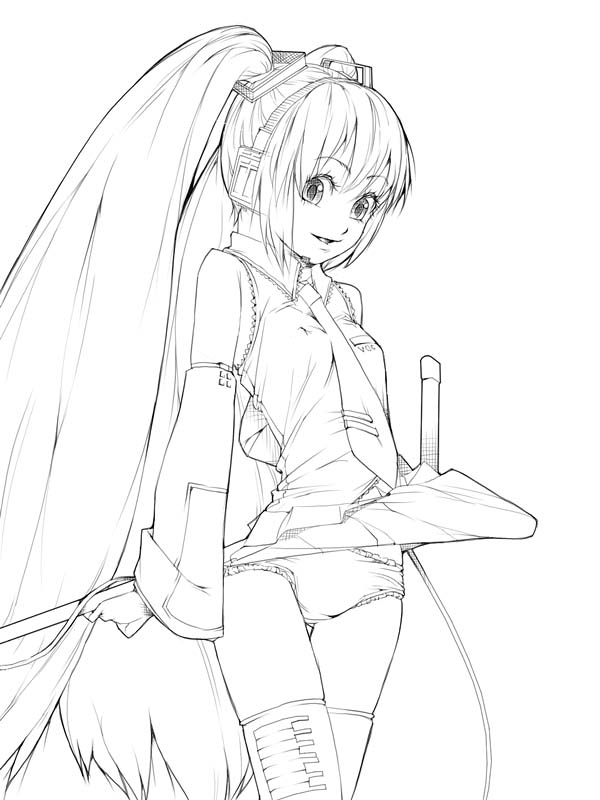 akinbo (hyouka fuyou), hatsune miku, vocaloid, greyscale, long hair, monochrome, panties, solo, thigh gap, thighhighs, thighs, twintails, underwear, very long hair