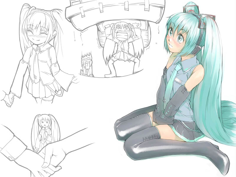 akinbo (hyouka fuyou), hatsune miku, vocaloid, 1girl, female focus, long hair, solo, thighhighs, twintails, very long hair