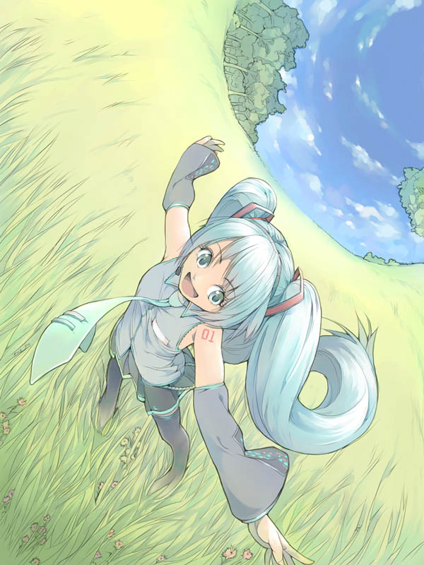 akinbo (hyouka fuyou), hatsune miku, vocaloid, 1girl, aqua hair, day, female focus, meadow, nature, necktie, sky, solo, thighhighs, twintails