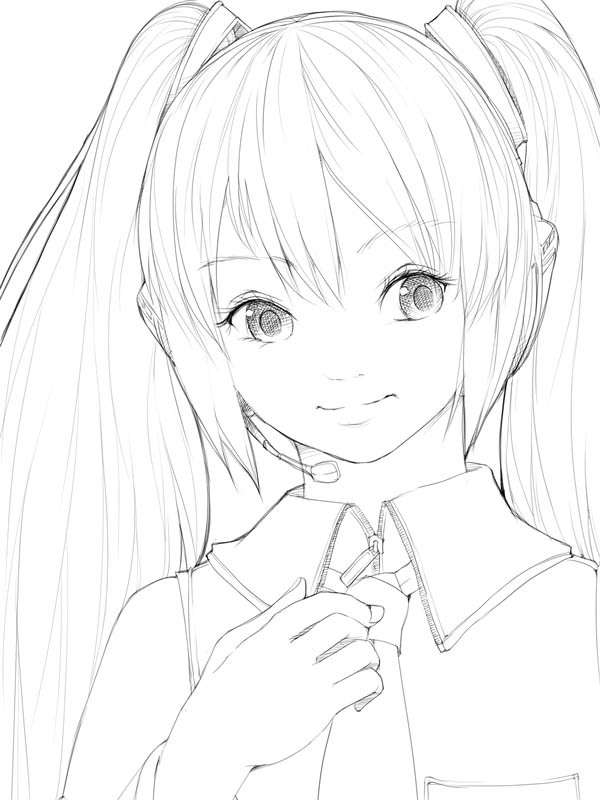 akinbo (hyouka fuyou), hatsune miku, vocaloid, tagme, greyscale, monochrome, sketch, solo, twintails