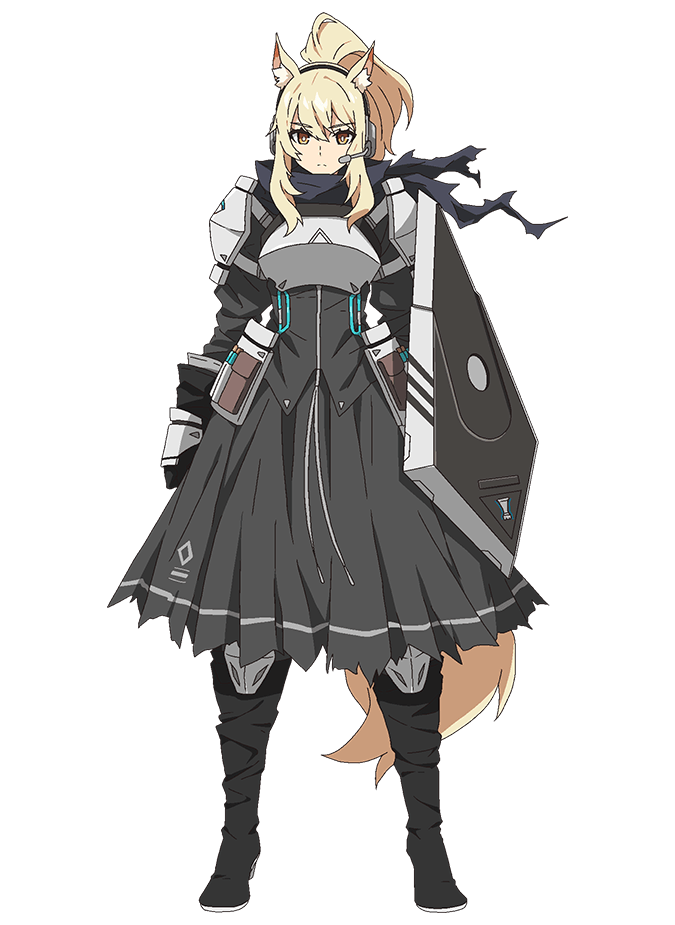 takafuji aya, nearl (arknights), arknights, official art, 1girl, animal ear fluff, animal ears, anime coloring, armor, black boots, black gloves, blonde hair, blue cape, boots, breastplate, breasts, cape, closed mouth, full body, gauntlets, gloves, grey shirt, grey skirt, hair between eyes, headset, holding, holding shield, horse ears, horse girl, horse tail, juliet sleeves, knee guards, long hair, long skirt, long sleeves, looking at viewer, medium hair, pleated skirt, ponytail, puffy long sleeves, puffy sleeves, shield, shirt, shoulder armor, sidelocks, simple background, skirt, solo, standing, tail, torn cape, torn clothes, transparent background, white armor, yellow eyes