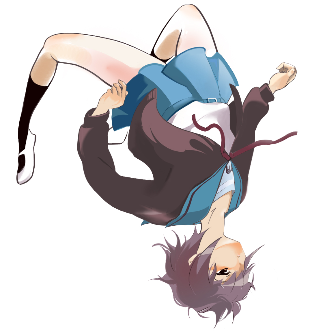 mta, nagato yuki, suzumiya haruhi no yuuutsu, bad id, bad pixiv id, 00s, 1girl, backflip, bare legs, cardigan, female focus, jumping, kita high school uniform, legs, long sleeves, midair, school uniform, serafuku, short hair, simple background, solo, thighs, upside-down, white background