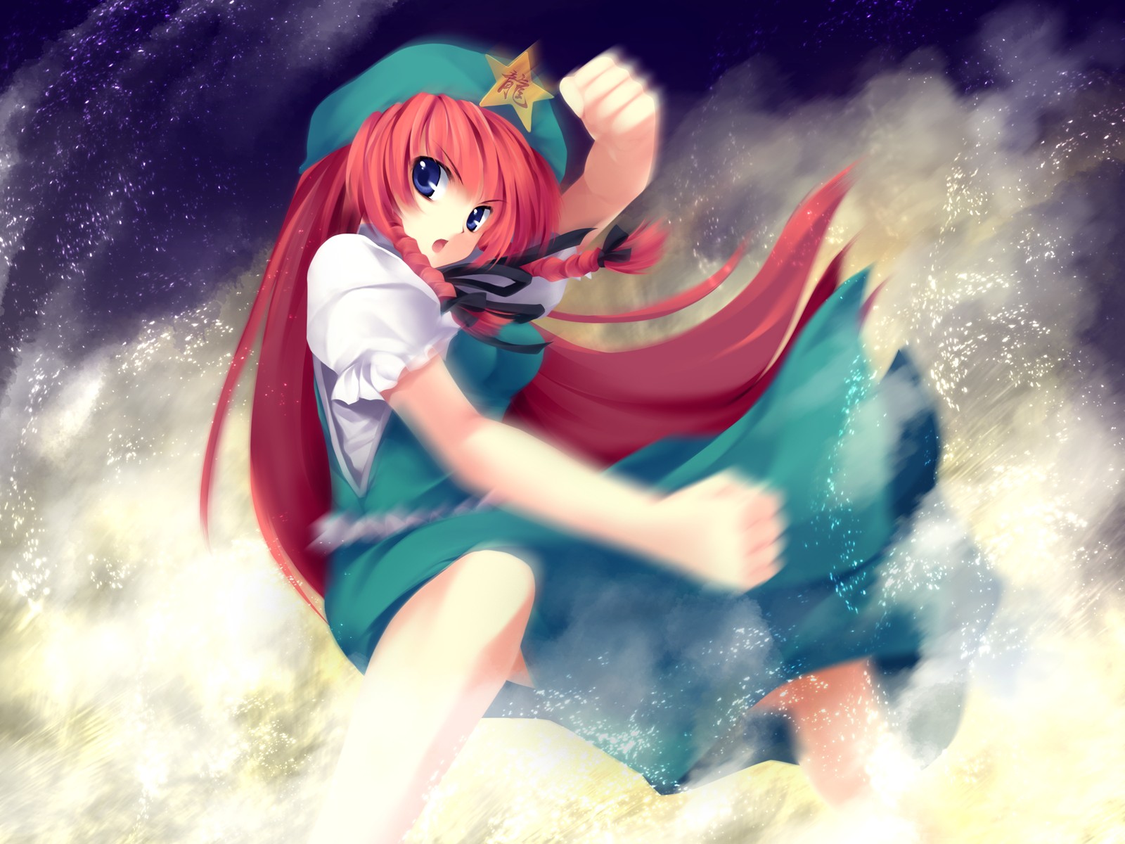 hong meiling, embodiment of scarlet devil, touhou, highres, 1girl, action, blue eyes, braid, breasts, clenched hands, female focus, green hat, hair ornament, hair ribbon, hat, long hair, looking at viewer, motion blur, neck ribbon, open mouth, puffy short sleeves, puffy sleeves, red hair, ribbon, shirt, short sleeves, solo, star (symbol), star hair ornament, twin braids, white shirt