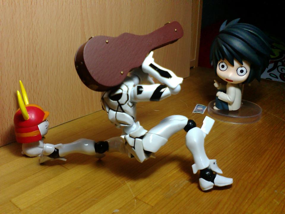 l (death note), death note, desperado, neon genesis evangelion, photo (medium), figure, mass-produced eva, parody, what