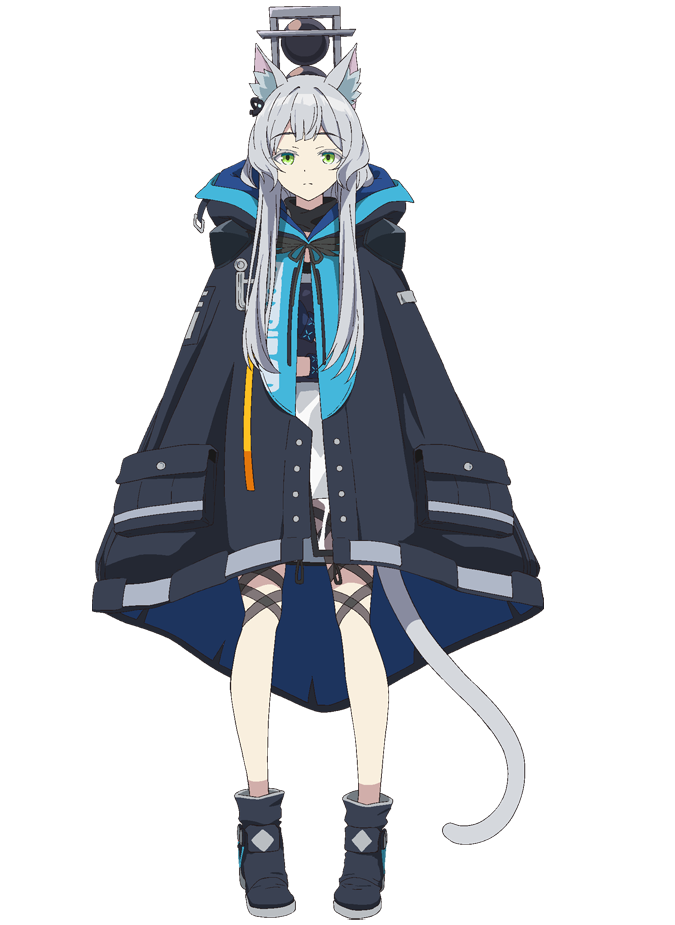 takafuji aya, rosmontis (arknights), arknights, official art, 1girl, animal ear fluff, animal ears, anime coloring, blue boots, blue gloves, blue hood, blue jacket, boots, cat ears, cat girl, cat tail, closed mouth, crossed arms, full body, gloves, green eyes, grey hair, hood, hood down, jacket, leg ribbon, long hair, long sidelocks, long sleeves, looking at viewer, loose clothes, oversized clothes, oversized jacket, ribbon, shirt, sidelocks, simple background, sleeves past wrists, solo, standing, tail, thigh ribbon, thighhighs, transparent background, very long sidelocks, white shirt, white tail