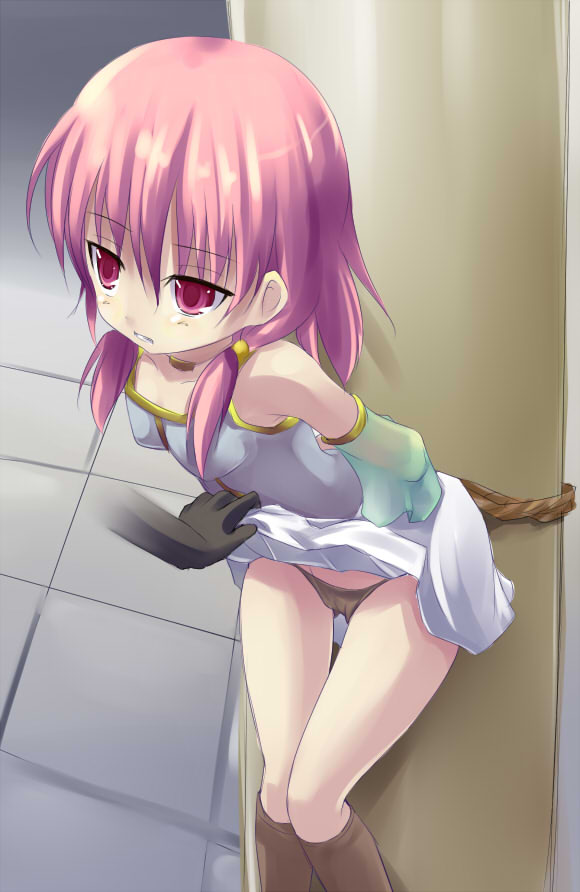 kuro (be ok), lute (fire emblem), fire emblem, fire emblem: the sacred stones, nintendo, 1girl, 1other, arms behind back, assisted exposure, bdsm, bondage, boots, bound, clothes lift, hip focus, panties, pantyshot, pink eyes, pink hair, red eyes, red hair, skirt, skirt lift, solo focus, thighs, twintails, underwear
