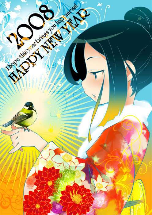 minawa, bad id, bad pixiv id, source request, 00s, 1girl, 2008, :o, bird, bird on hand, black eyes, black hair, english text, female focus, japanese clothes, kimono, new year, profile, solo, unmoving pattern