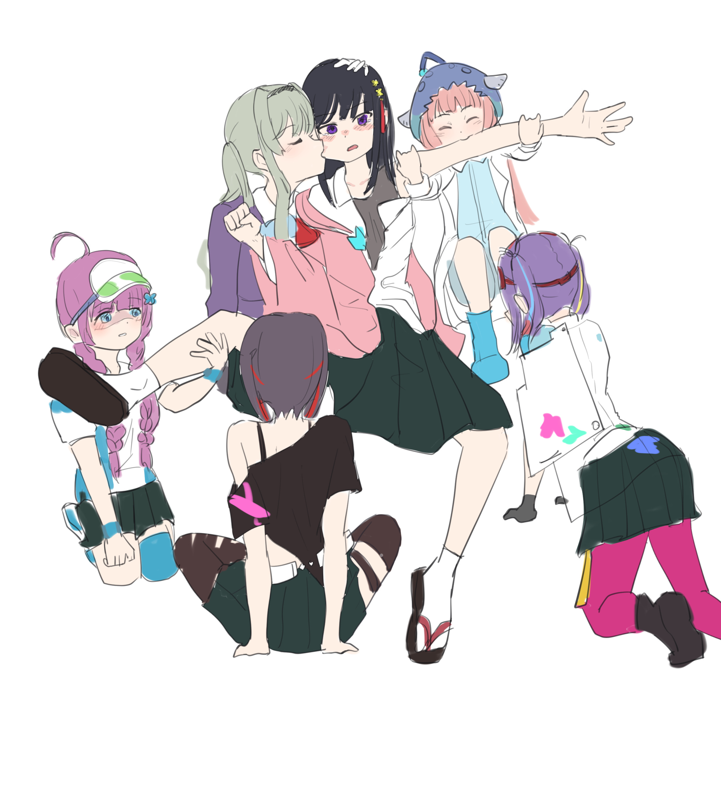 date akari, ishii iroha, mikoto fubuki, mizuhara aina, murohushi risa, nikaidou misato, heaven burns red, absurdres, highres, 6+girls, ahoge, biting, black hair, blunt bangs, braid, breasts, fish hat, gas mask, goggles, goggles on head, green hair, hair ornament, hairband, hat, licking, long hair, long sleeves, mask, multicolored hair, multiple girls, off shoulder, pink hair, purple eyes, purple hair, red hair, short hair, sidelocks, skirt, sportswear, streaked hair, tassel, tassel hair ornament, team 31d (heaven burns red), tennis uniform, twin braids, twintails, wide sleeves, yuri, zzlmhld
