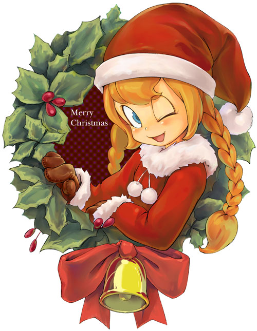minawa, sandy (marshmallow times), asahi gakusei shimbun, marshmallow times, 00s, 1girl, ;d, bell, blonde hair, blue eyes, braid, christmas, female focus, hat, holly, long hair, looking at viewer, one eye closed, open mouth, santa costume, santa hat, smile, solo, twin braids, wink