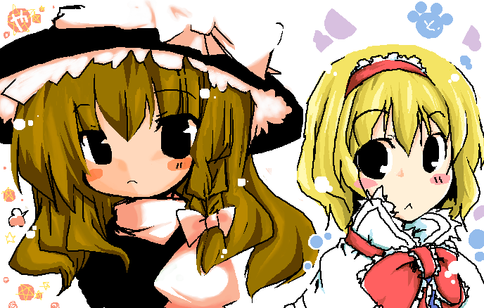 togashi yuu, alice margatroid, kirisame marisa, touhou, eyebrows, 2girls, :<, black eyes, blonde hair, blush stickers, female focus, hair ribbon, hairband, hat, hat ribbon, multiple girls, puff of air, puffy short sleeves, puffy sleeves, ribbon, short sleeves, simple background, tress ribbon, vest, white background, white ribbon, witch hat