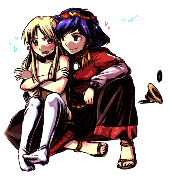 moriya suwako, yasaka kanako, touhou, 2girls, blonde hair, female focus, hat, multiple girls, purple hair, red eyes, thighhighs, topless female
