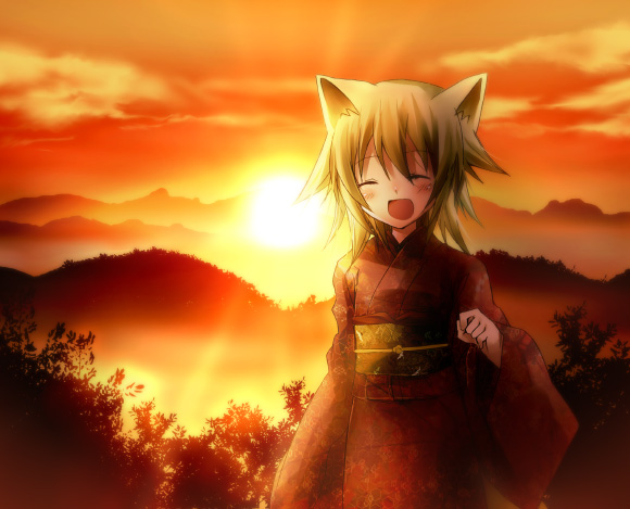 suzushiro kurumi, original, animal ears, happy, japanese clothes, kimono, solo, sunset