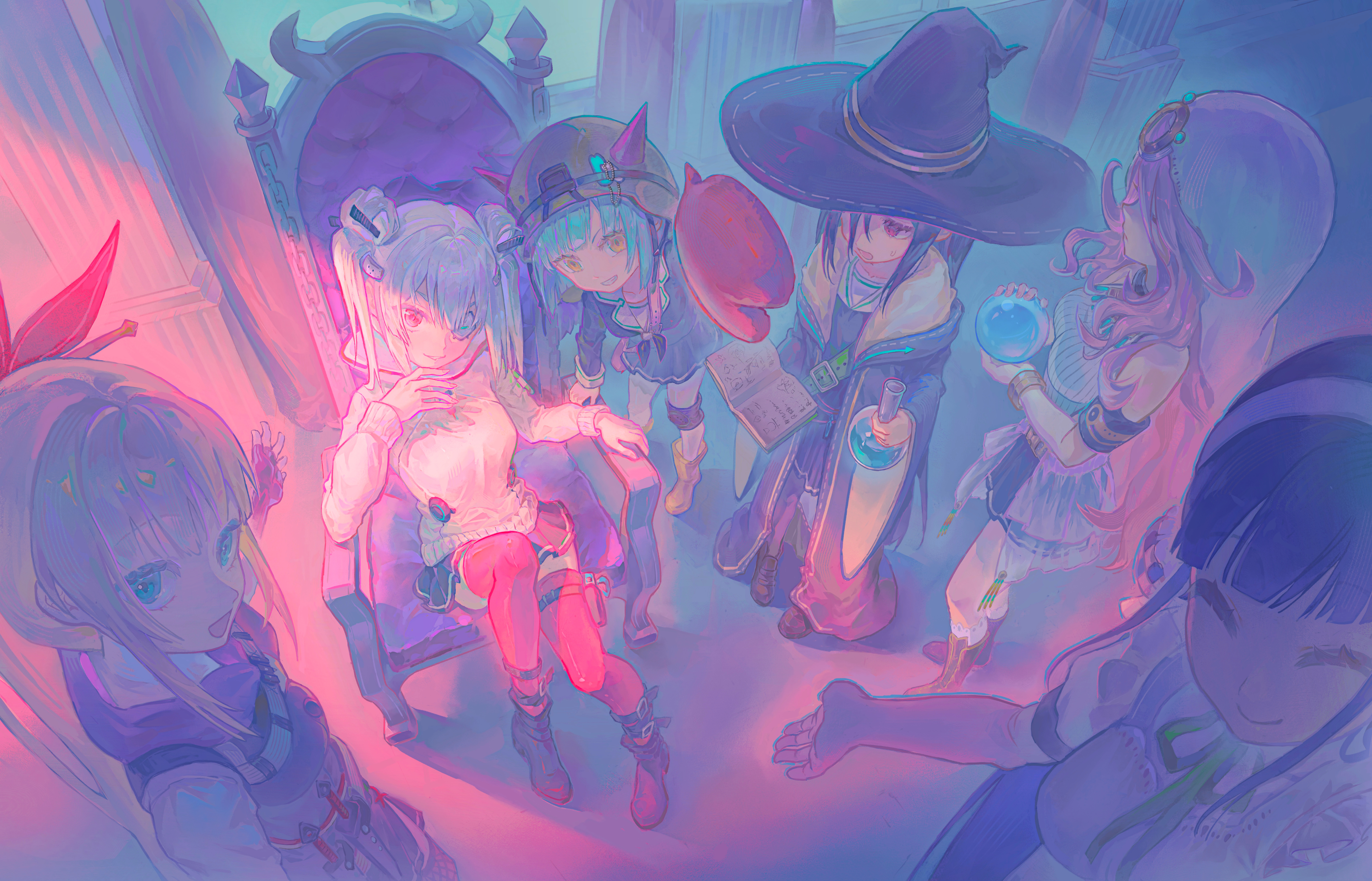 kea (hongsirongxiaodangaohongbeizhong), bungo yayoi, kanzaki adelheid, sakuraba seira, satsuki mari, tenne miko, yamawaki bon ivar, heaven burns red, absurdres, highres, black hair, blonde hair, blue hair, breasts, covered eyes, crab claw, double bun, eyepatch, fake horns, green hair, hair bun, hair ornament, hair over one eye, hair stick, hat, helmet, horns, large breasts, long hair, long sleeves, medium hair, multiple girls, one eye covered, pink hair, ponytail, puffy short sleeves, puffy sleeves, red eyes, short hair, short sleeves, skirt, team 31c (heaven burns red), twintails, veil, very long hair, white hair, witch hat, yellow eyes
