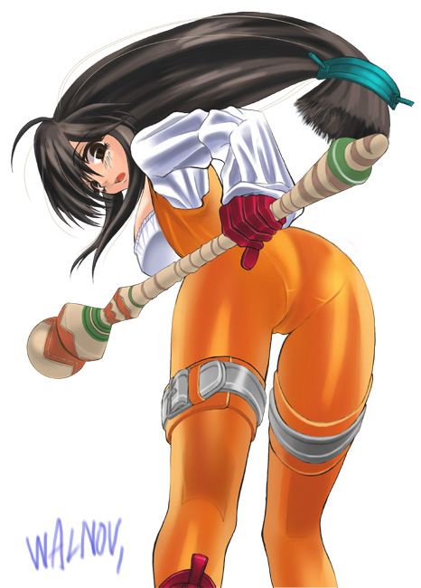 walnov, garnet til alexandros xvii, final fantasy, final fantasy ix, 00s, 1girl, ass, bent over, black hair, bodysuit, female focus, latex, latex suit, long hair, low-tied long hair, orange bodysuit, pantylines, shiny clothes, skin tight, solo, staff, thigh strap, white background