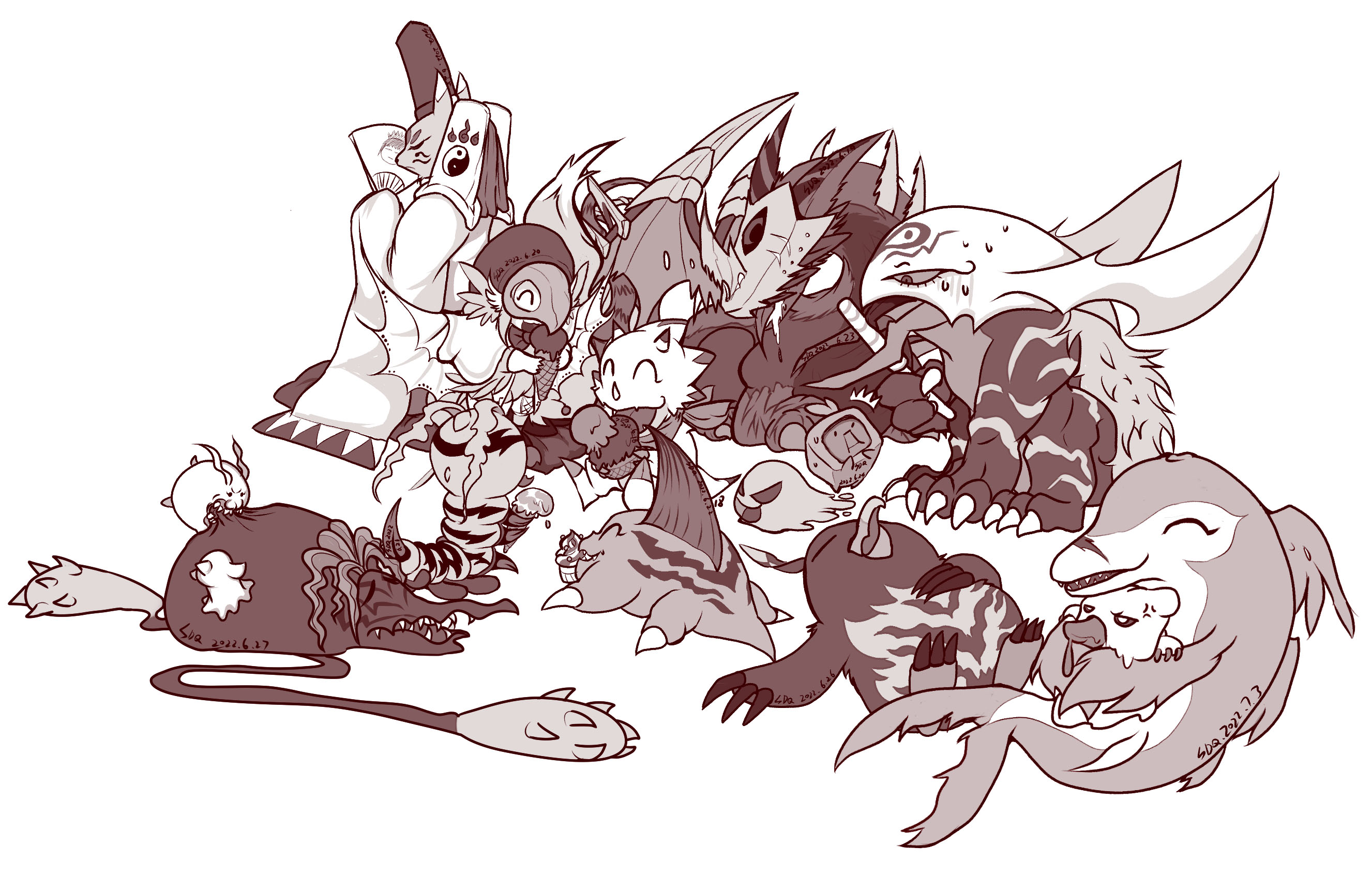 betamon, death-x-doruguremon, gummymon, hiyarimon, kunemon, monimon, penmon, rukamon, sethmon, sirenmon, taomon, tokomon, vegimon, zurumon, digimon, digimon (creature), eating, food, hand fan, ice cream, pixiv user (4067288), simple background, white background