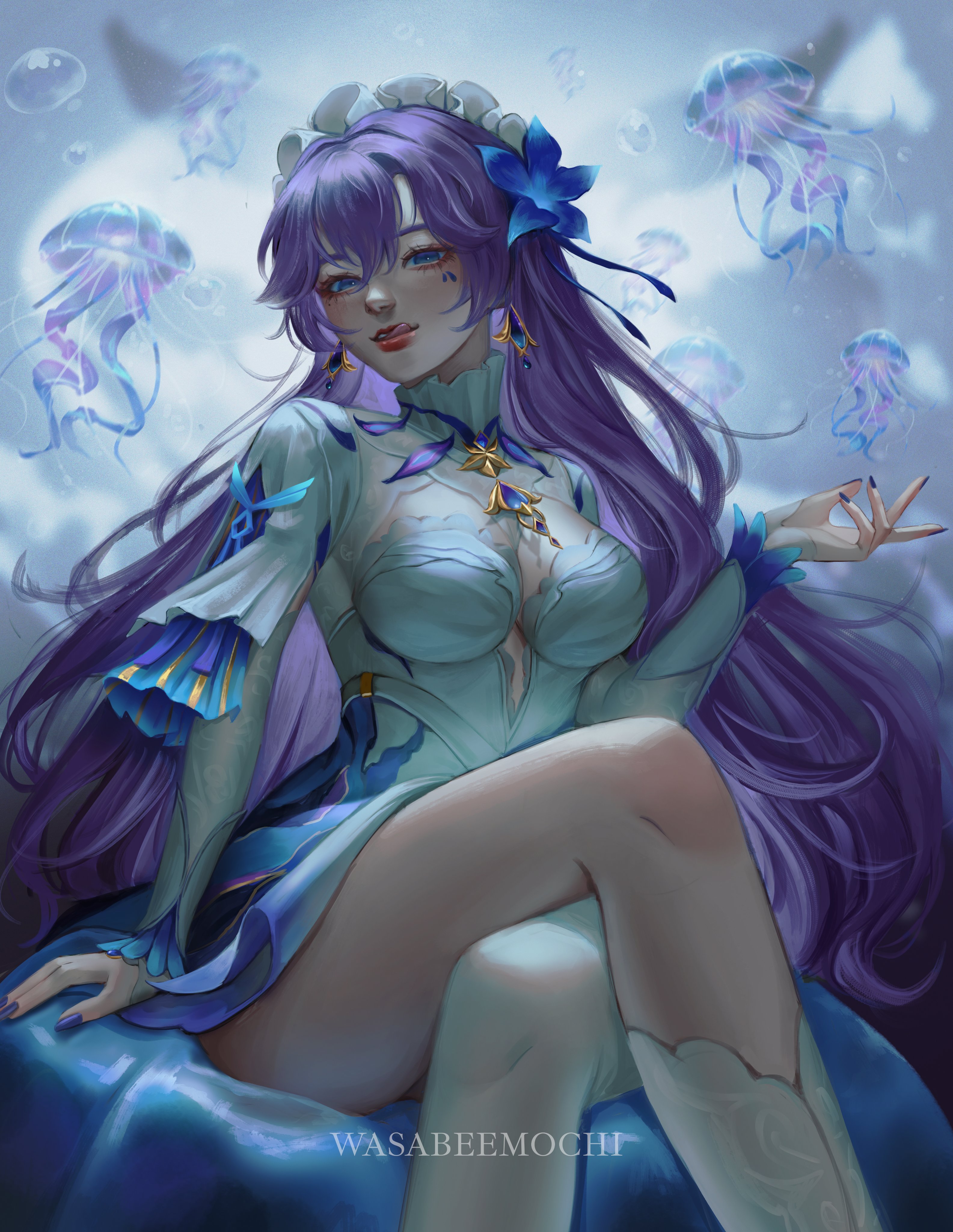 wasabeemochi, cantarella (wuthering waves), wuthering waves, absurdres, commentary, english commentary, highres, 1girl, artist name, blue eyes, blue flower, breasts, bubble, crossed legs, dress, facial mark, feet out of frame, flower, hair between eyes, hair flower, hair ornament, hand up, headdress, jellyfish, licking lips, long hair, looking at viewer, mark under eye, medium breasts, nail polish, purple hair, purple nails, shrug (clothing), single thighhigh, sitting, solo, thighhighs, tongue, tongue out, very long hair, white dress, white shrug, white thighhighs