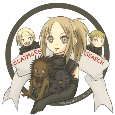 deneve, helen, miria, rigardo, claymore (series), lowres, 00s, 3girls, :d, bare shoulders, black gloves, blonde hair, blush stickers, copyright name, crazy eyes, creature, elbow gloves, gloves, grey eyes, holding, looking at viewer, multiple girls, open mouth, ponytail, short hair, simple background, smile, white background
