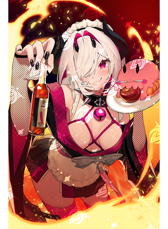 nanoless, nano (nanoless), indie virtual youtuber, 1girl, apron, bell, black collar, black horns, black nails, bottle, bow, breasts, closed mouth, collar, colored inner hair, fangs, fire, fishnet sleeves, fishnets, food, grey bow, hair intakes, hair over one eye, holding, holding bottle, holding plate, horns, multicolored hair, neck bell, pink hair, pink thighhighs, plate, shibari, skin fangs, solo, spiked collar, spikes, thighhighs, virtual youtuber, watermark, white apron, white hair