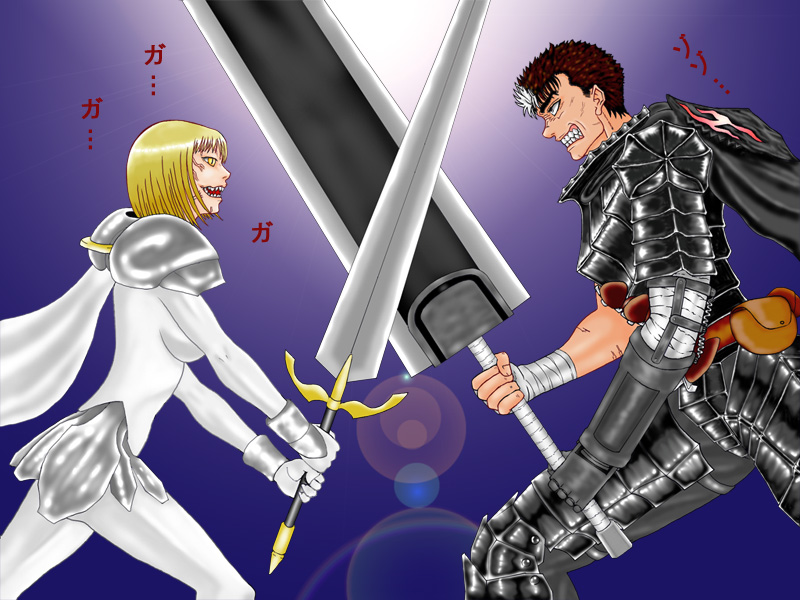 clare (claymore), guts (berserk), berserk, claymore (series), 00s, 1990s (style), claymore (sword), crossover, retro artstyle, sword, weapon