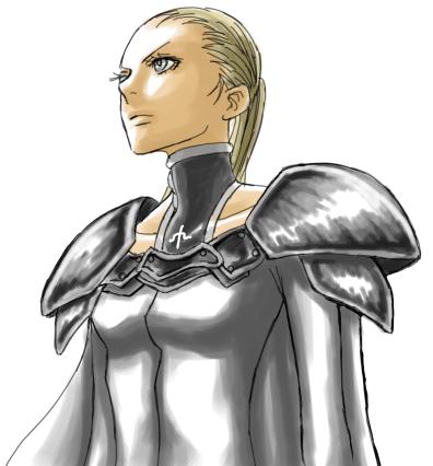 veronica, claymore (series), lowres, 00s, 1girl, armor, blue eyes, bodysuit, breastplate, closed mouth, collar, collarbone, expressionless, female focus, long hair, pauldrons, ponytail, shoulder armor, shoulder pads, simple background, skin tight, solo, upper body, white background