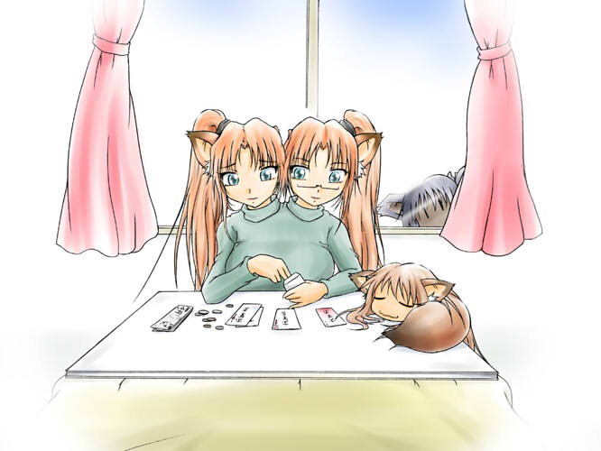 agent orange, tagme, 4girls, animal ears, blue eyes, brown hair, closed eyes, conjoined, curtains, faceless, faceless female, fox ears, glasses, indoors, kotatsu, long hair, multiple girls, multiple heads, orange hair, parted bangs, peeking, ponytail, side ponytail, sleeping, sweater, table, turtleneck, turtleneck sweater, upper body, window