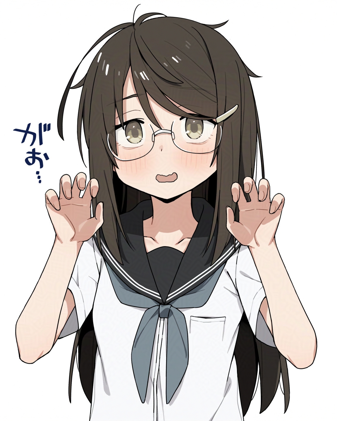 itami sumihito, original, commentary request, highres, translation request, 1girl, black sailor collar, blue neckerchief, blush, brown hair, claw pose, collarbone, glasses, hands up, jimiko, looking at viewer, medium hair, messy hair, neckerchief, sailor collar, school uniform, shirt, short sleeves, solo, upper body, wavy mouth, white shirt, yellow eyes