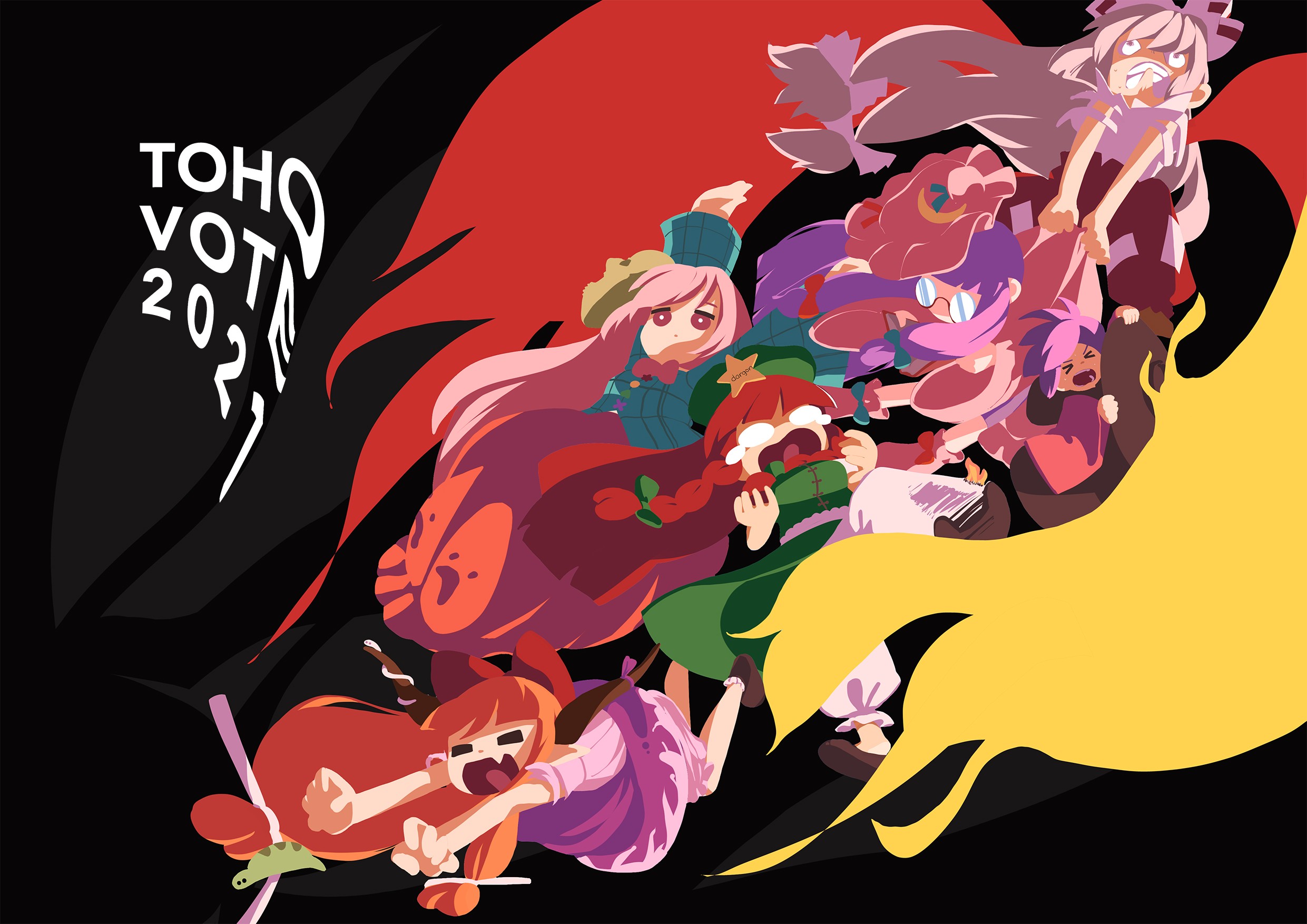 mobcap, fujiwara no mokou, hata no kokoro, hong meiling, ibuki suika, patchouli knowledge, sukuna shinmyoumaru, touhou, highres, > <, 1girl, 6+girls, animal, arm up, blue bow, blue ribbon, book, bow, bowl, bowl hat, bowtie, braid, branch, breasts, bubble skirt, clenched teeth, closed eyes, crescent, crescent hat ornament, dress, empty eyes, expressionless, fangs, fiery wings, fire, flat chest, footwear bow, full body, glasses, green bow, green hair, hair bow, hat, hat ornament, hat ribbon, holding, holding book, horn ornament, horn ribbon, horns, japanese clothes, kimono, long hair, long sleeves, mask, mask on head, mini person, minigirl, multiple girls, multiple hair bows, nature, nightgown, oni, open mouth, orange hair, pants, pink eyes, pink hair, pink hat, pink nightgown, plaid clothes, plaid shirt, purple hair, purple ribbon, reading, red bow, red hair, red kimono, red pants, red ribbon, red trim, ribbon, round eyewear, shirt, short hair, skirt, snake, star (symbol), teeth, tsuchinoko, twin braids, two-tone bow, white bow, white hair, white shirt, white snake, wide sleeves, wings