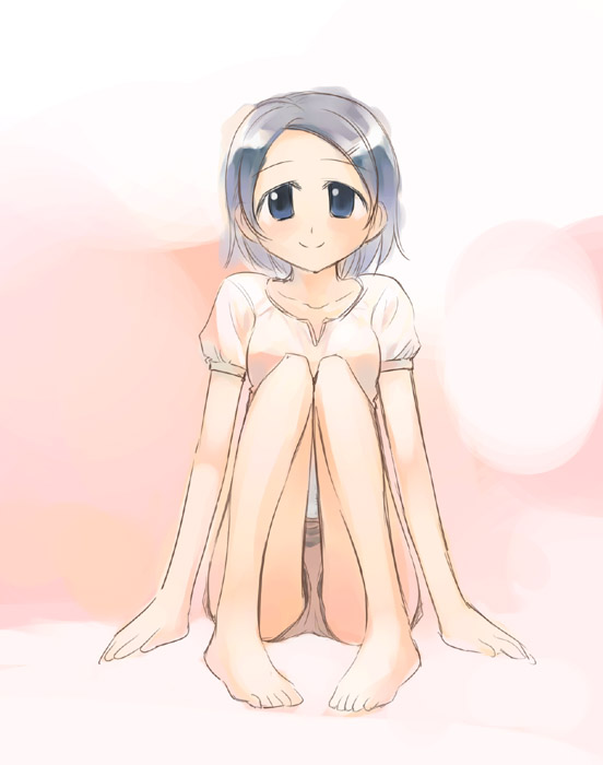 ikeda jun (mizutamari), original, 1girl, barefoot, blouse, feet, female focus, shirt, sitting, solo, toes, white shirt