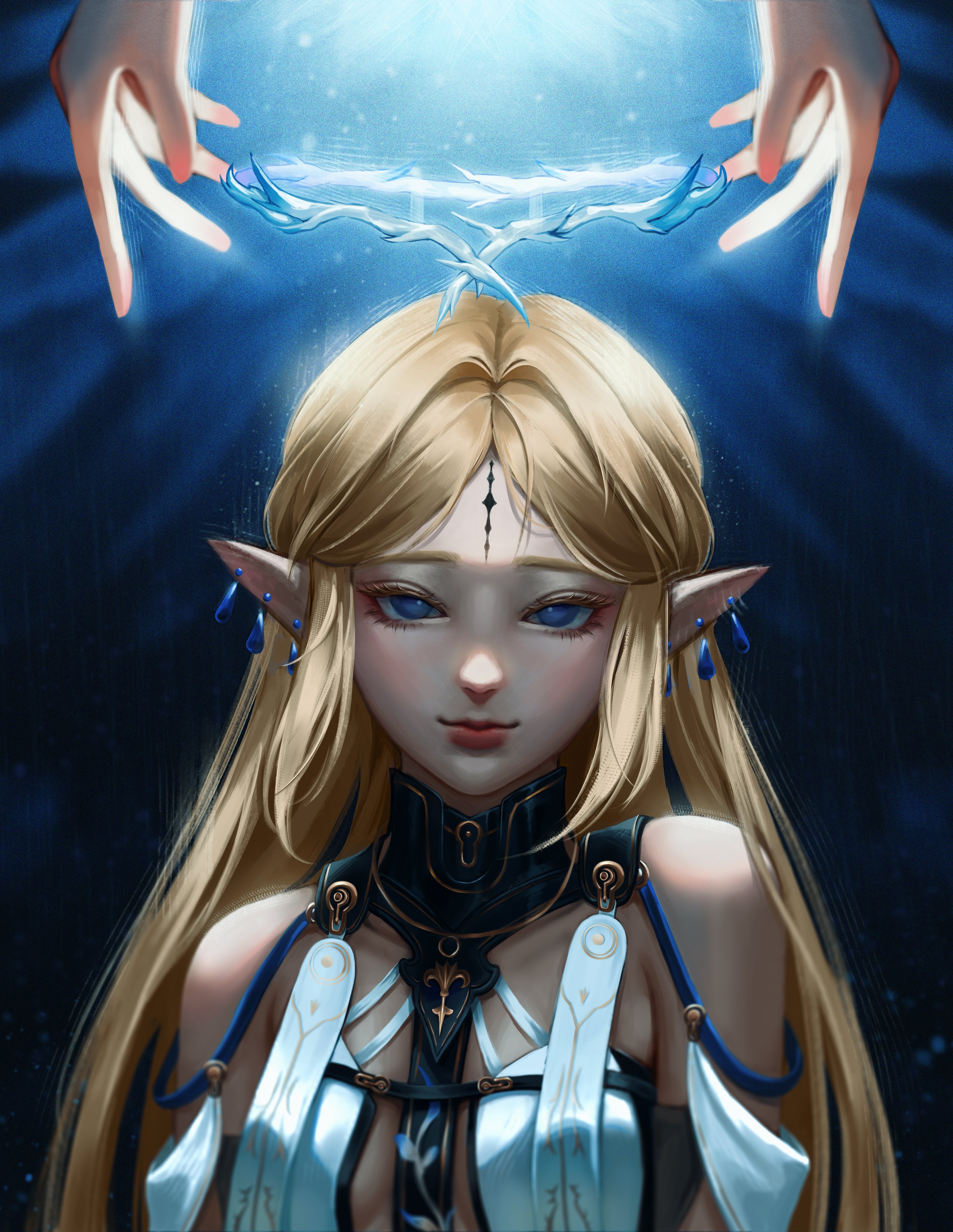 wasabeemochi, cartethyia (wuthering waves), wuthering waves, absurdres, commentary, english commentary, highres, 1girl, 1other, bare shoulders, black collar, blonde hair, blue eyes, breasts, closed mouth, collar, crown of thorns, earrings, jewelry, long hair, long pointy ears, looking at viewer, multiple earrings, necklace, parted bangs, pointy ears, sidelocks, small breasts, smile, solo focus, tacet mark (wuthering waves), upper body