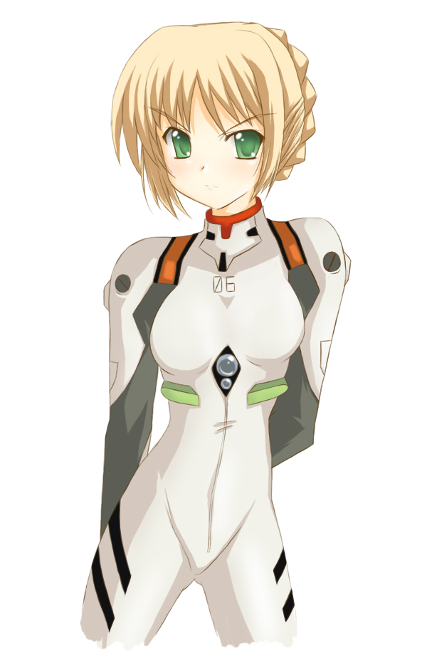 artoria pendragon (fate), ayanami rei, saber (fate), fate/stay night, fate (series), neon genesis evangelion, 1girl, ayanami rei (cosplay), breasts, cosplay, female focus, mecha pilot suit, plugsuit (evangelion), simple background, small breasts, solo