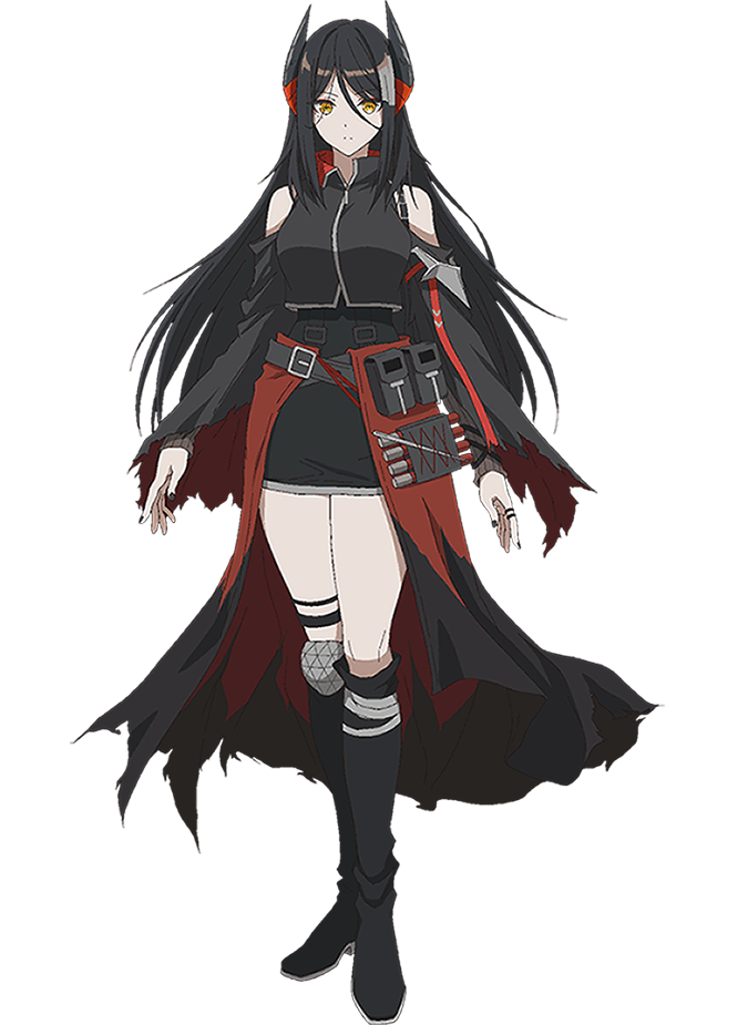 takafuji aya, ines (arknights), arknights, official art, 1girl, anime coloring, bare shoulders, belt, black belt, black boots, black hair, black skirt, boots, breasts, closed mouth, collared jacket, demon horns, detached sleeves, full body, hair between eyes, horns, jacket, jewelry, knee boots, knee guards, large breasts, long hair, long hair between eyes, looking at viewer, parted bangs, pencil skirt, ring, sidelocks, simple background, skirt, sleeveless, sleeveless jacket, solo, standing, thighs, torn clothes, torn sleeves, transparent background, very long hair, yellow eyes