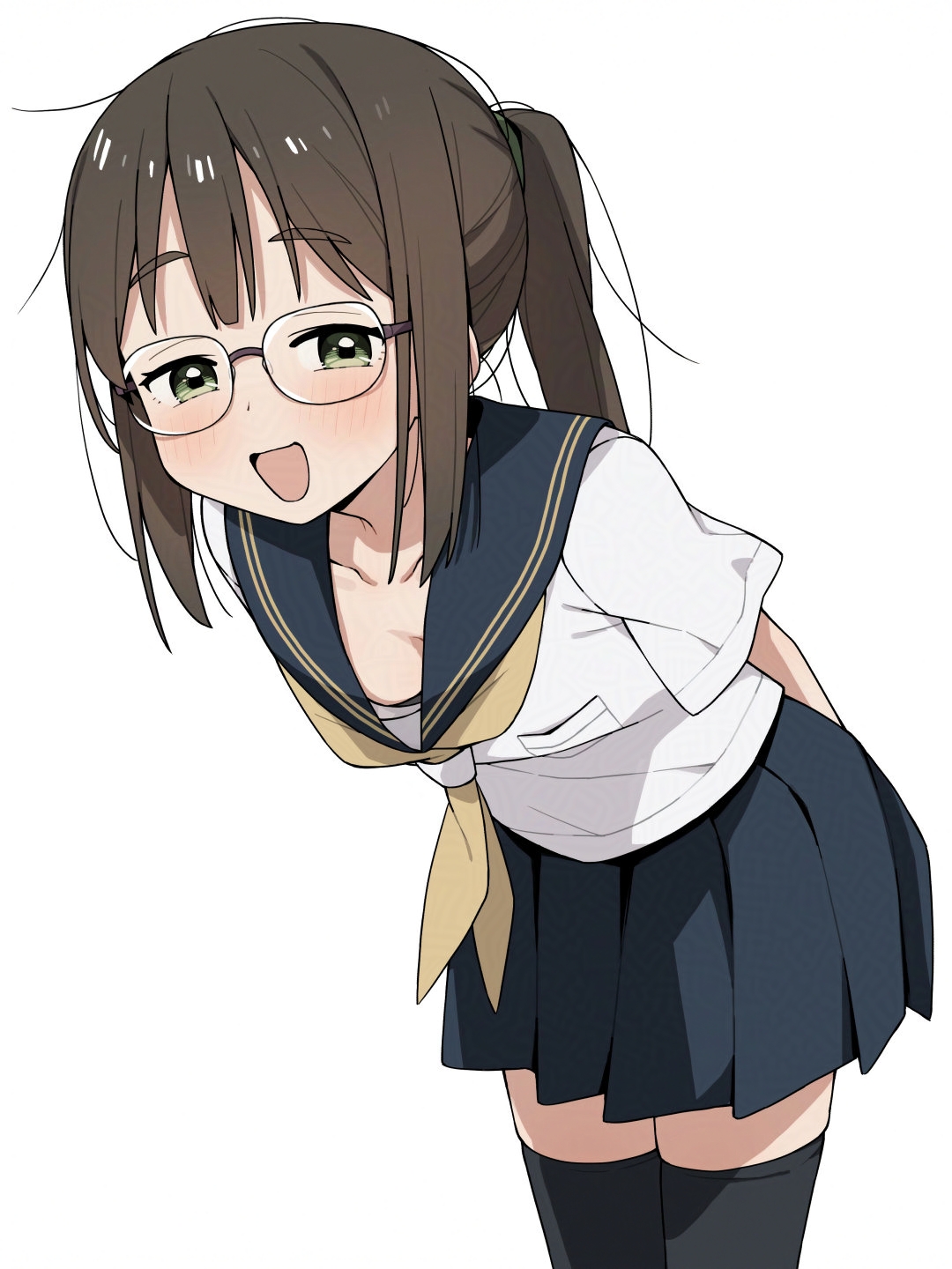 itami sumihito, original, commentary request, highres, 1girl, :d, arms behind back, black thighhighs, blue sailor collar, blue skirt, blush, brown hair, cowboy shot, glasses, green eyes, hair tie, leaning forward, long hair, looking at viewer, neckerchief, open mouth, ponytail, sailor collar, school uniform, shirt, short sleeves, simple background, skirt, smile, smug, solo, thighhighs, white background, white shirt, yellow neckerchief, yellow trim