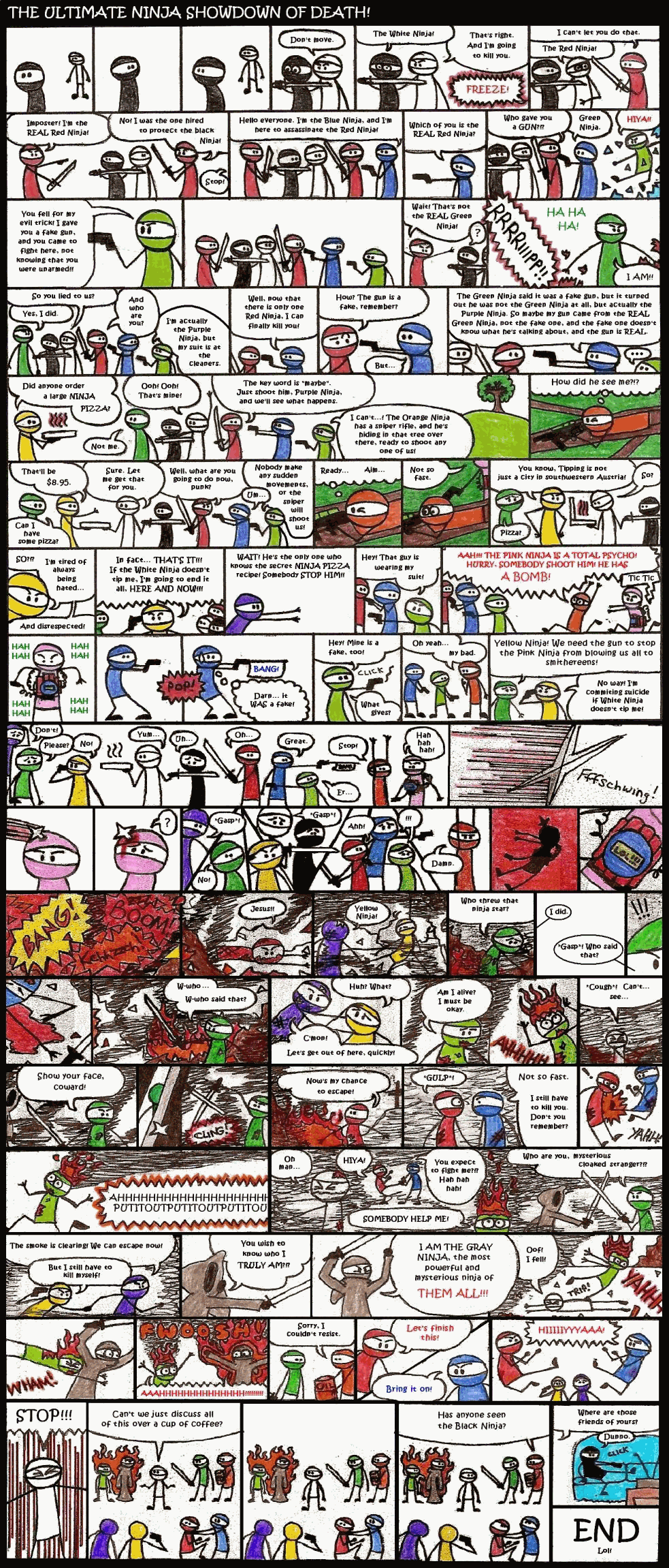 drawing, highres, long image, tall image, 6+boys, comic, english text, food, gun, male focus, multiple boys, ninja, pizza, rifle, showdown, sword, weapon