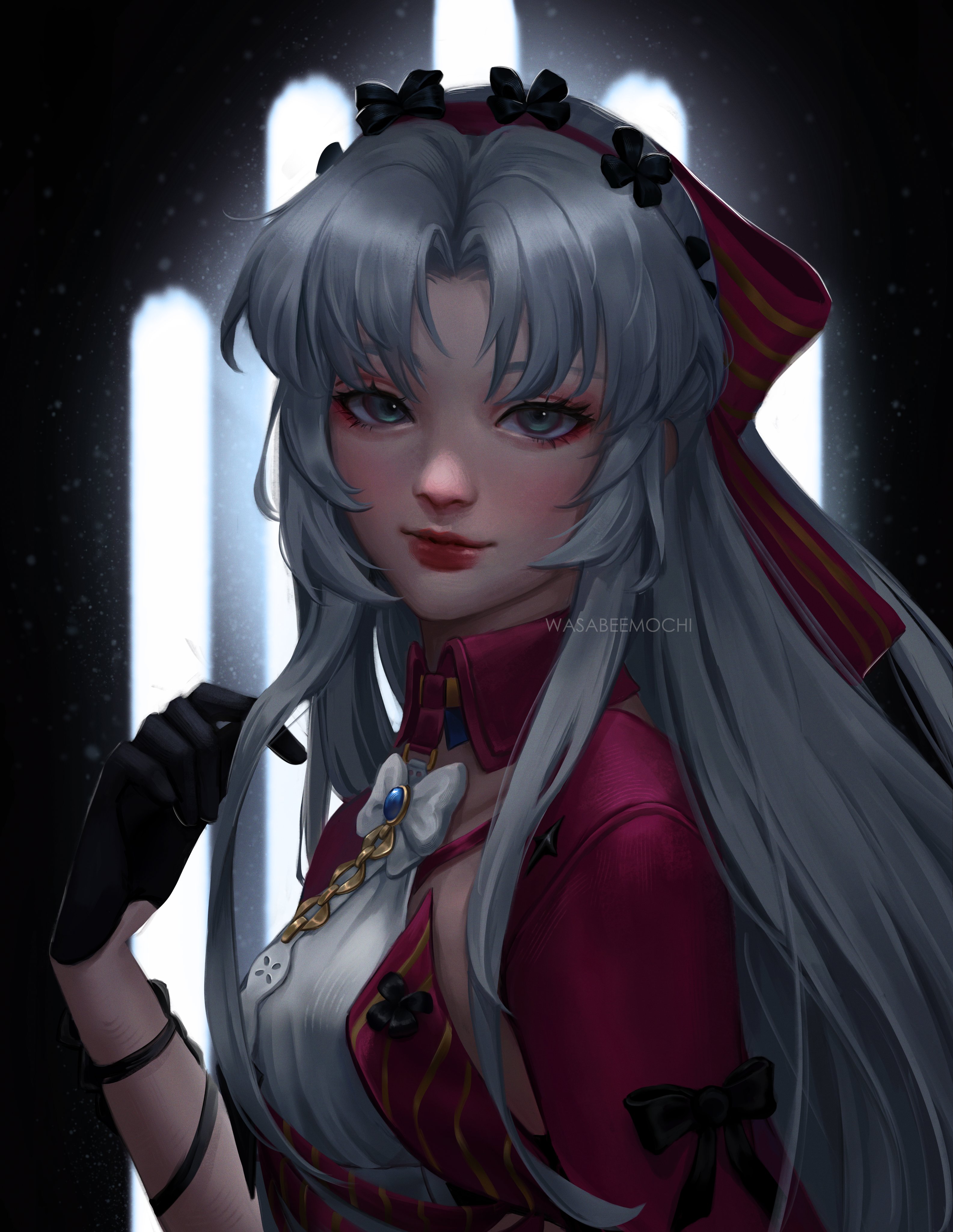 wasabeemochi, carlotta (wuthering waves), wuthering waves, absurdres, highres, 1girl, aqua eyes, artist name, black gloves, bow, breasts, closed mouth, from side, gloves, hair bow, hairband, hand up, jacket, long hair, looking at viewer, looking to the side, parted bangs, pink bow, pink hairband, pink jacket, sidelocks, small breasts, smile, solo, striped bow, upper body, white hair