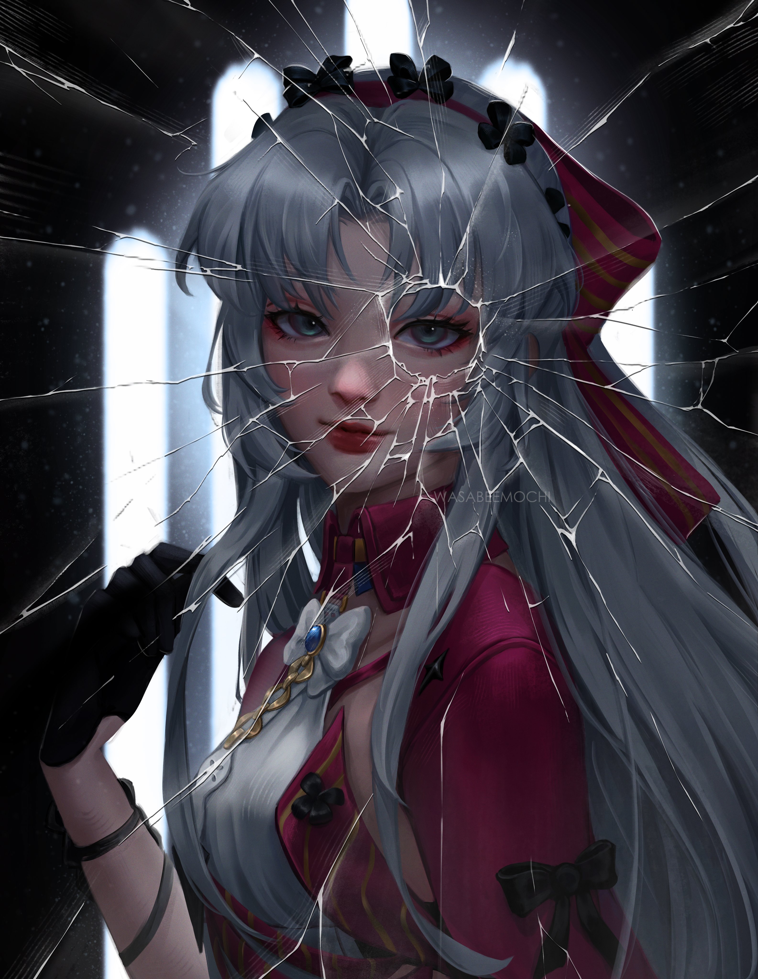wasabeemochi, carlotta (wuthering waves), wuthering waves, absurdres, commentary, english commentary, highres, 1girl, aqua eyes, artist name, black gloves, bow, breasts, broken glass, bullet hole, closed mouth, from side, glass, gloves, hair bow, hairband, hand up, jacket, long hair, looking at viewer, looking to the side, parted bangs, pink bow, pink hairband, pink jacket, sidelocks, small breasts, smile, solo, striped bow, upper body, white hair