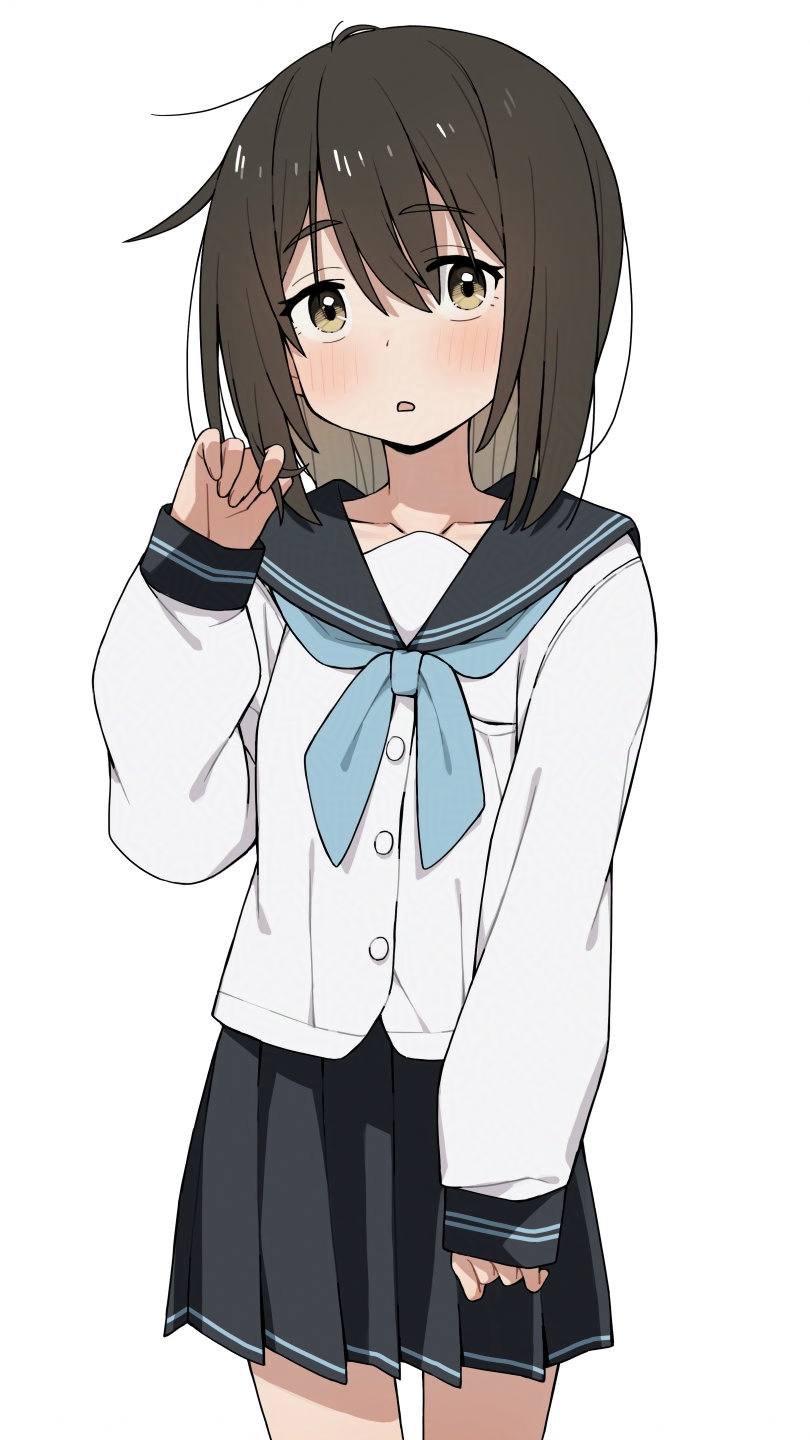itami sumihito, original, commentary request, highres, 1girl, black sailor collar, black skirt, blue neckerchief, blue trim, blush, brown hair, cardigan, cowboy shot, hand up, long sleeves, looking at viewer, medium hair, neckerchief, parted lips, sailor collar, simple background, skirt, sleeves past wrists, solo, white background, white cardigan, yellow eyes
