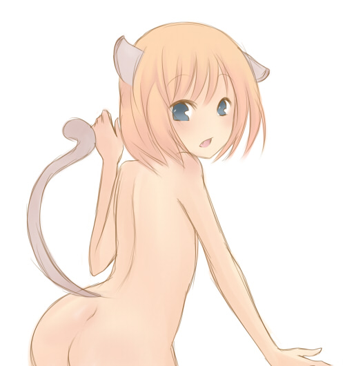 1girl, animal ears, ass, back, blonde hair, blue eyes, cat ears, cat tail, female focus, looking back, nude, short hair, simple background, solo, tail
