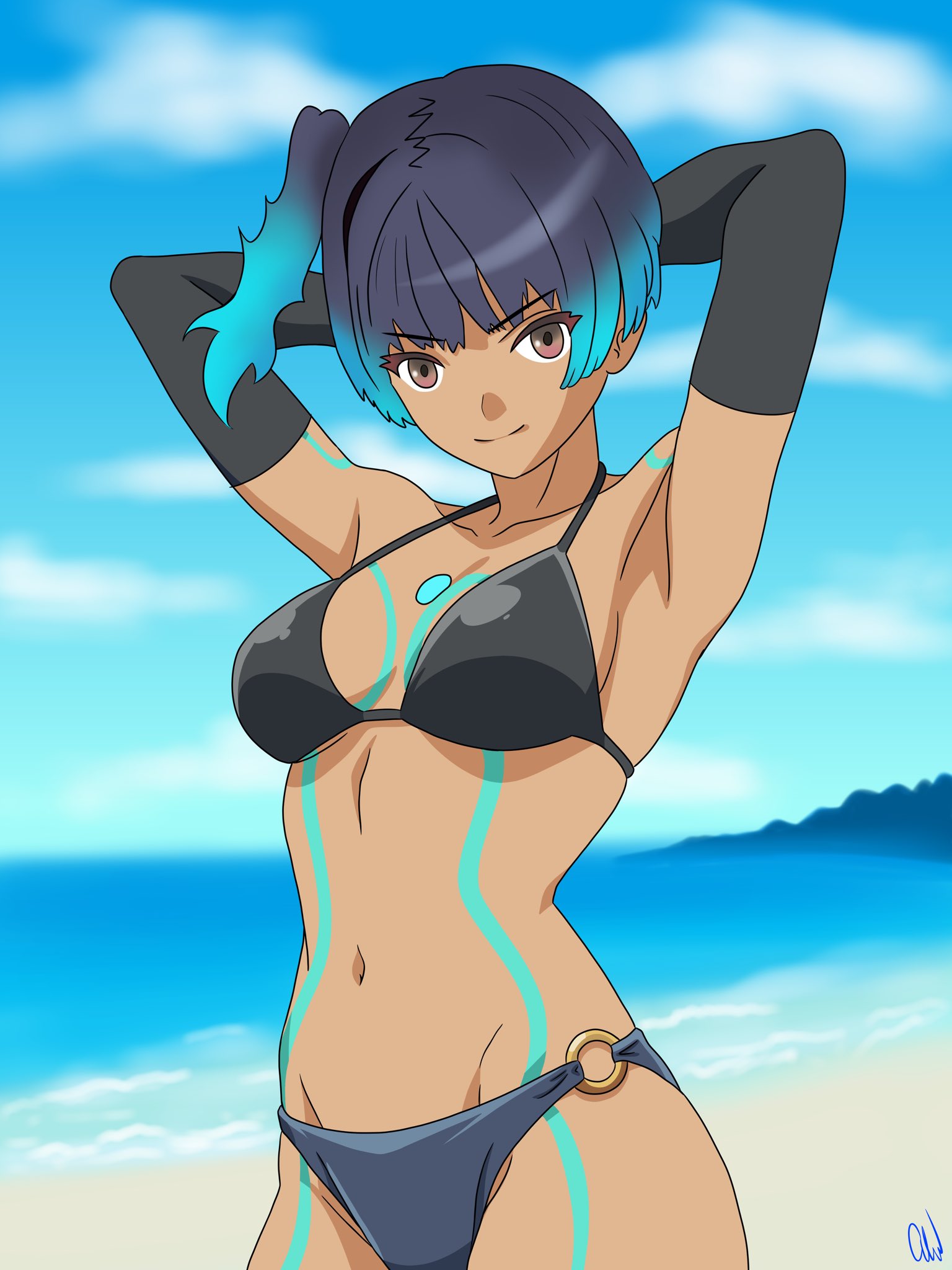 sena (xenoblade), xenoblade chronicles (series), xenoblade chronicles 3, highres, 1girl, arms behind head, arttymora, beach, bikini, black bikini, blue hair, breasts, dark-skinned female, dark skin, looking at viewer, medium breasts, short hair, side ponytail, smile, solo, swimsuit
