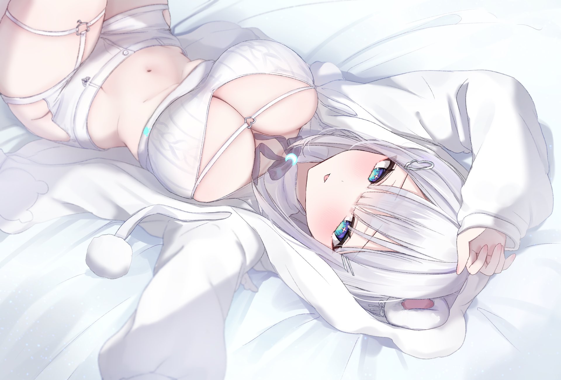 hakua aa, indie virtual youtuber, commentary request, highres, 1girl, animal ears, arms up, bear ears, bed sheet, blue eyes, blush, bow, bowtie, breasts, cable knit, cleavage, clothing cutout, crop top, cross-shaped pupils, drawstring, hip vent, hood, hood up, hoodie, large breasts, long hair, long sleeves, looking at viewer, lying, midriff, naughty face, navel, o-ring, on back, open clothes, open hoodie, ribbed shirt, shirokuma hakua, shirt, short shorts, shorts, solo, stomach, symbol-shaped pupils, thigh strap, thighs, tongue, tongue out, virtual youtuber, white hair, white hoodie, white shirt, white shorts