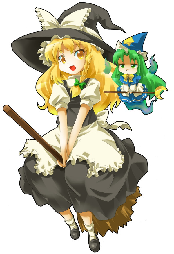 michii yuuki, kirisame marisa, mima (touhou), touhou, touhou (pc-98), 2girls, bow, broom, broom riding, chibi, female focus, full body, ghost, green eyes, green hair, hat, long hair, multiple girls, simple background, wand, white background, witch, witch hat, wizard hat