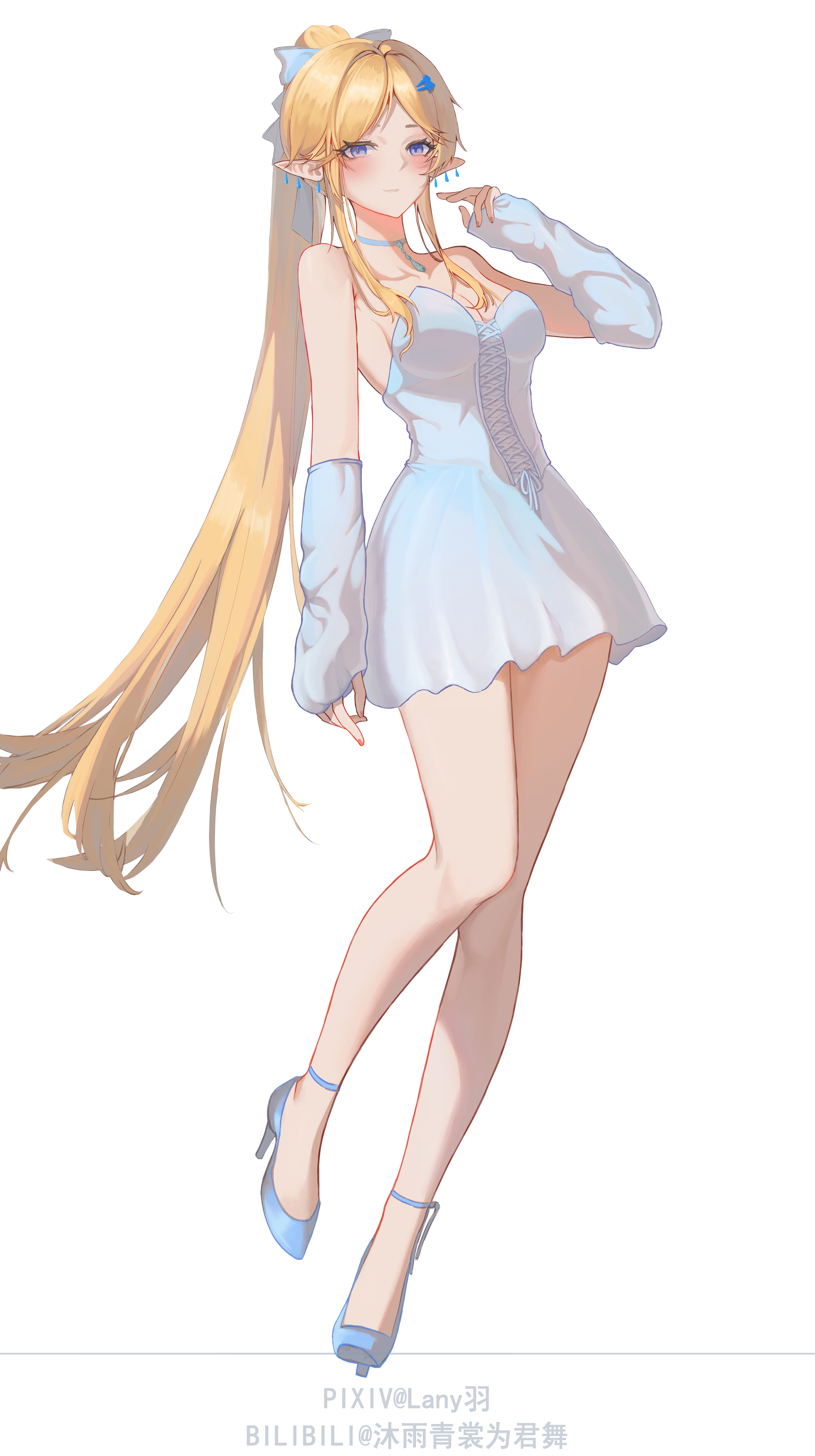 lany-yuyu-1097, cartethyia (wuthering waves), wuthering waves, absurdres, commentary, highres, 1girl, alternate costume, alternate hairstyle, bare legs, bare shoulders, blonde hair, blue eyes, blue shoes, blush, bow, breasts, cleavage, closed mouth, collarbone, dress, earrings, hair bow, hand up, high heels, jewelry, legs, light smile, long hair, looking at viewer, medium breasts, multiple earrings, pointy ears, ponytail, shoes, simple background, solo, strapless, strapless dress, very long hair, white background, white bow, white dress