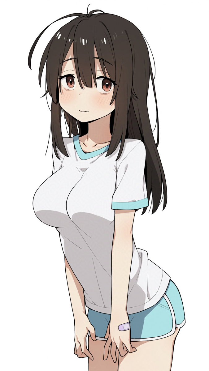itami sumihito, original, commentary request, highres, 1girl, aqua shorts, bandaid, breasts, brown hair, closed mouth, cowboy shot, dolphin shorts, gym uniform, large breasts, light blush, long hair, looking at viewer, messy hair, orange eyes, shirt, short sleeves, shorts, simple background, solo, white background, white shirt