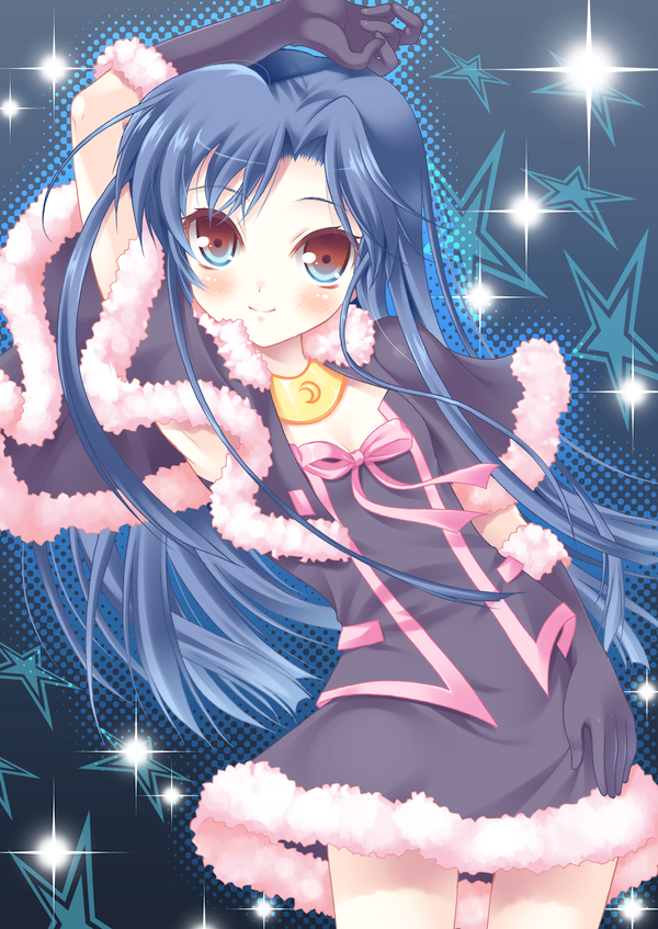 komi zumiko, kisaragi chihaya, idolmaster, idolmaster (classic), idolmaster 1, 00s, blue hair, cute & girly (idolmaster), dress, gloves, jewelry, long hair, necklace, solo