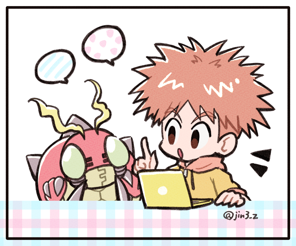 izumi koshiro, tentomon, digimon, antennae, black eyes, brown hair, bug, claws, digimon (creature), jin3 z, short hair, spikes