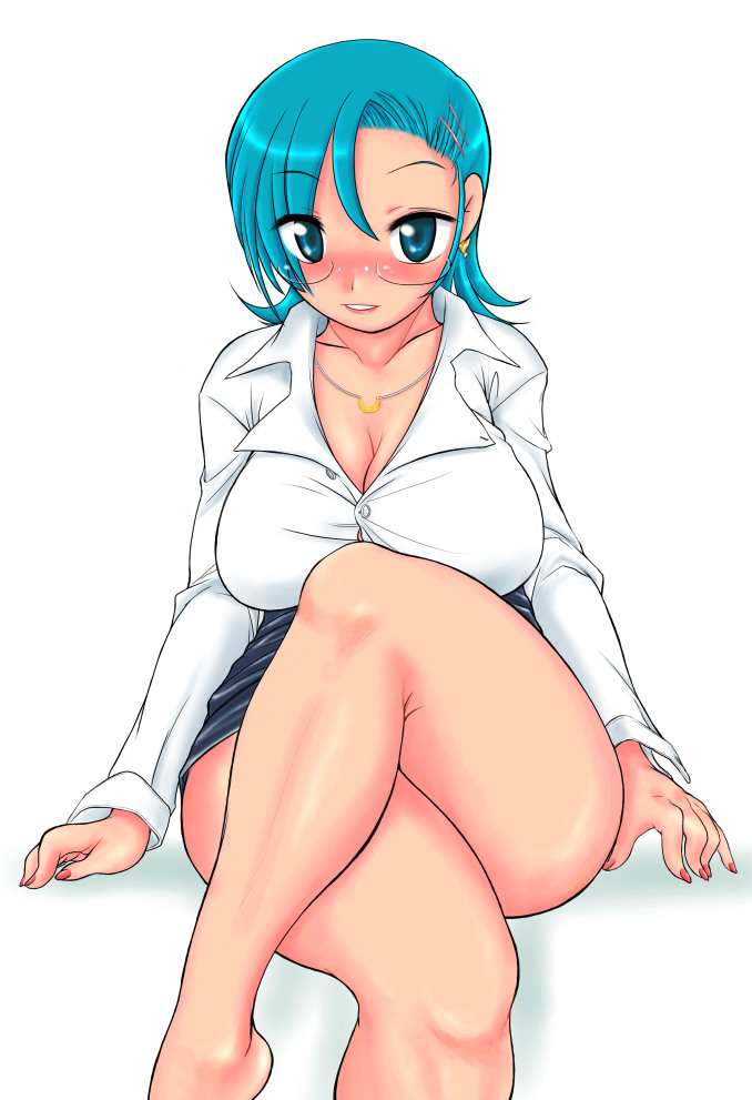 konmori (kinbou sokai), 1girl, blue eyes, blue hair, blush, breasts, bursting breasts, cleavage, crossed legs, cuffs, curvy, earrings, female focus, glasses, hip focus, huge breasts, jewelry, large breasts, legs, matching hair/eyes, miniskirt, nail polish, necklace, pencil skirt, pink nails, shirt, short hair, sitting, skirt, solo, thighs, tight clothes, tight shirt, wide hips
