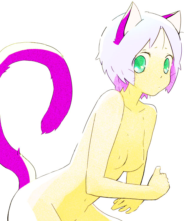 ukke, original, 1girl, animal ears, breasts, cat ears, cat tail, female focus, green eyes, nude, purple hair, small breasts, solo, tail, whiskers