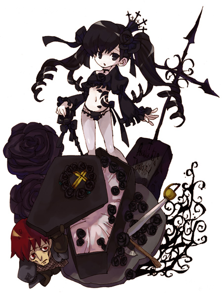 kiris, rosalia, bad id, bad pixiv id, arrow cross, axe, black eyes, black hair, chibi, coffin, cross, crown, drill hair, flower, hat, latin cross, panties, pantyhose, rose, solo, sword, tattoo, twintails, underwear, weapon