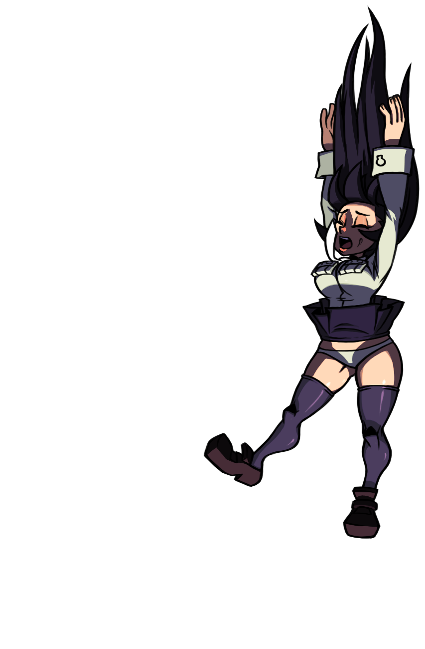 filia (skullgirls), samson (skullgirls), skullgirls, official art, gluteal fold, hair up, long hair, long sleeves, panties, pleated skirt, plump, skirt, thick thighs, thighhighs, thighs, transparent background, underwear, upskirt, wide sleeves