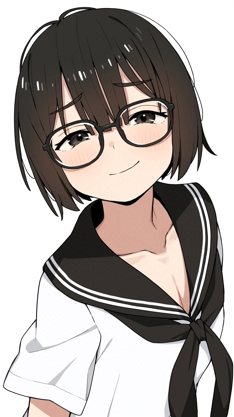 itami sumihito, original, commentary request, highres, 1girl, black-framed eyewear, black hair, black neckerchief, black sailor collar, blush, breasts, cleavage, closed mouth, collarbone, glasses, half-closed eyes, looking at viewer, neckerchief, sailor collar, school uniform, shirt, short hair, short sleeves, simple background, small breasts, smile, smug, solo, upper body, white background, white shirt