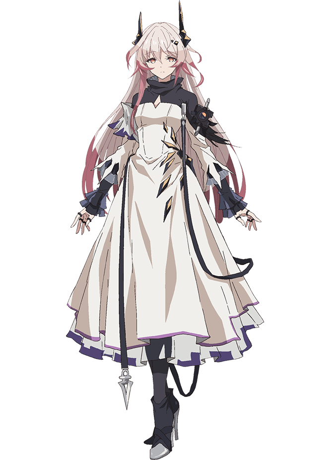 takafuji aya, theresa (arknights), arknights, official art, 1girl, anime coloring, black boots, black horns, black pantyhose, boots, breasts, closed mouth, collared dress, dress, full body, grey hair, hair between eyes, high heel boots, high heels, horns, jewelry, long hair, long sleeves, looking at viewer, medium breasts, multicolored hair, open hands, pantyhose, pink eyes, pink hair, ring, simple background, single sidelock, solo, standing, torn clothes, torn dress, transparent background, two-tone dress, two-tone hair, very long hair, white dress
